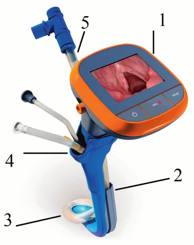 TotalTrack VLM – video intubační laryngeální maska (poskytnuto firmou Mediflow)
1 – monitor se zobrazením vstupu do hrtanu, 
2 – intubační kanál,
3 – manžeta laryngeální masky, 
4 – kanály pro odsávání sekretu z vchodu do hrtanu a pro zavedení žaludeční sondy, 
5 – tracheální rourka s okruhem