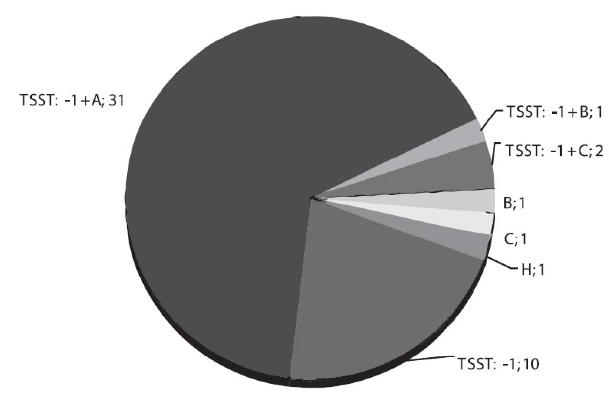 Rozdělení 47 kmenů S. aureus, původců menstruálních případů syndromu toxického šoku podle produkce TSST-1 a enterotoxinů B, C, a H
Fig. 2. Distribution of 47 S. aureus strains, causative agents of menstrual toxic shock syndrome, from 1997–2011 by production of TSST-1 and enterotoxins B, C, and H