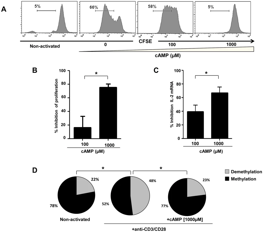 Inhibition of anti-CD3/CD28 mAbs stimulated naive CD4+ T cell proliferation and IL-2 production by cAMP.