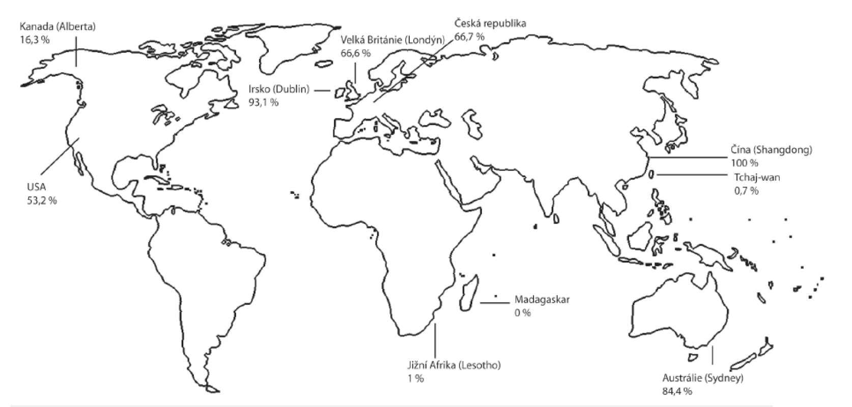 Distribuce prevalence rezistentních kmenů TPA ve světě
Vysoká prevalence rezistentních kmenů byla popsána v Austrálii, Číně, Irsku, USA a Velké Británii. Nižší prevalence byla zaznamenána v Kanadě, Jižní Africe a na Tchaj-wanu a nulová prevalence těchto kmenů byla zaznamenána na Madagaskaru. Byla použita data pouze z recentních publikačních zdrojů (2010–2014) [48, 56, 57, 58, 59, 60, 61, 62, 63, 64].&lt;br&gt;
Fig. 4. World distribution of the prevalence of resistant TPA strains. High prevalence countries: Australia, China, Irland, USA, and UK. Lower prevalence countries: Canada, South Africa, and Taiwan. Zero prevalence country: Madagaskar. All data were taken from recent sources (2010–2014) [48, 56, 57, 58, 59, 60, 61, 62, 63, 64].