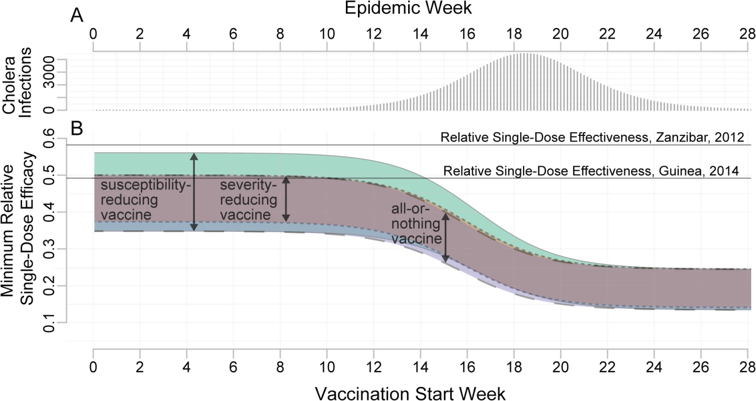 Minimum relative single-dose efficacy for oral cholera vaccine.