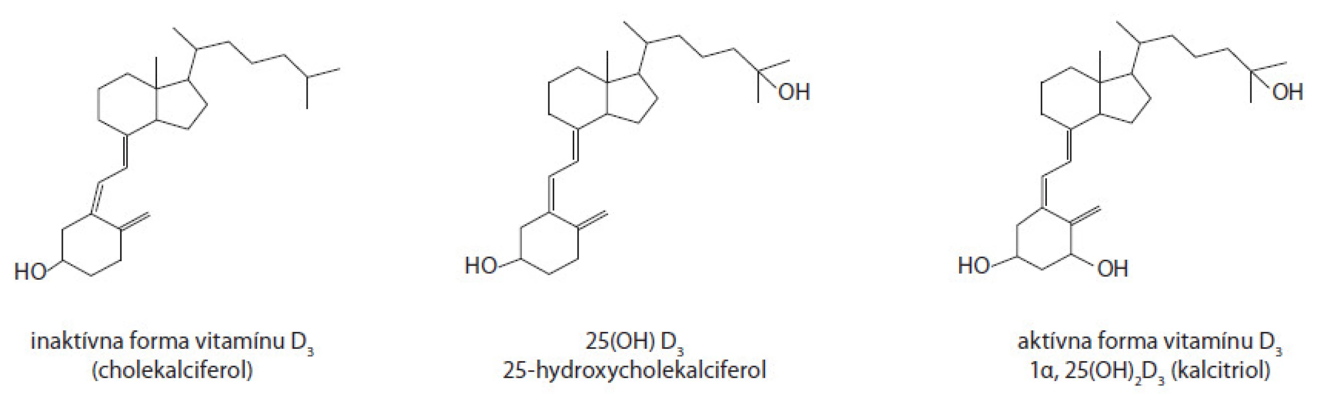 Porovnanie štruktúry neaktívnej (cholekalciferol) a aktívnej formy vitamínu D&lt;sub&gt;3&lt;/sub&gt; (kalcitriol).