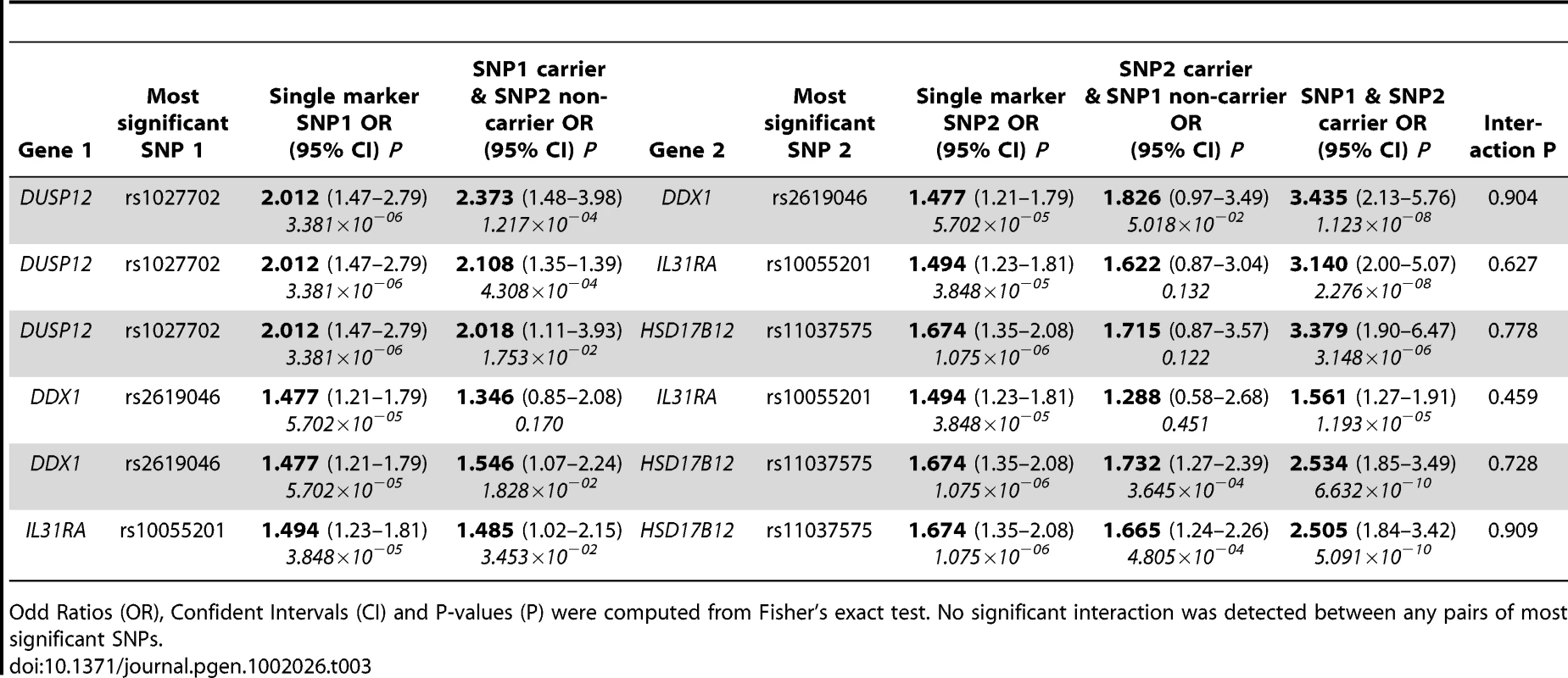 Estimates of low-risk neuroblastoma odd ratios by genotype between the most significant SNPs.