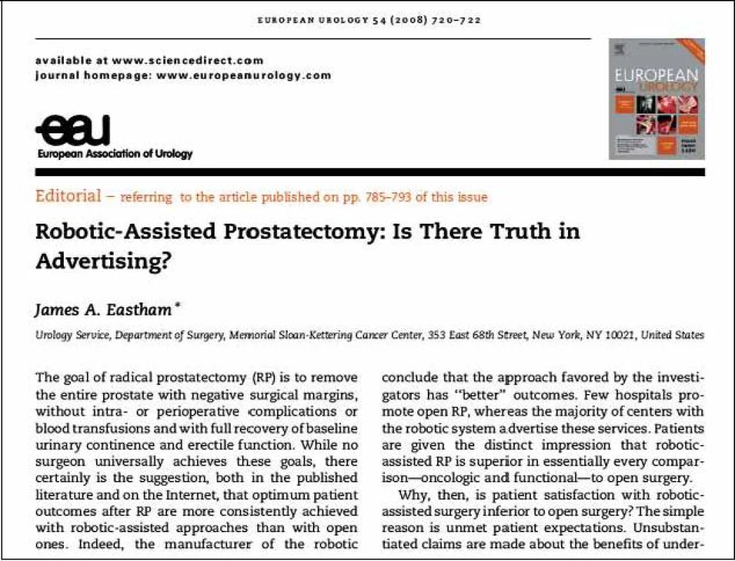 Citace publikace analyzující pravdu o srovnání otevřené a roboticky asistované radikální prostatektomie.
