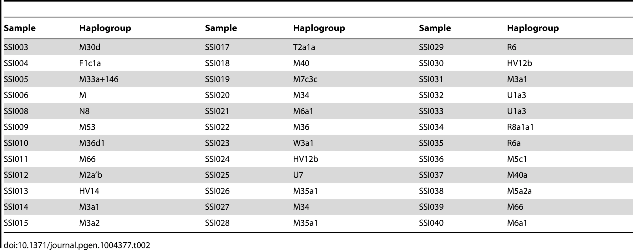 Mitochondria haplogroup assignment for the 36 SSIP samples.