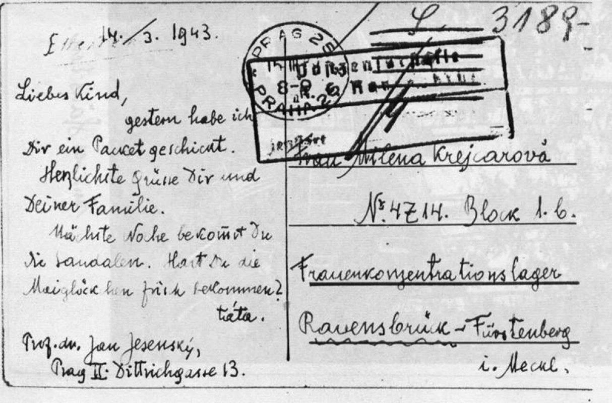 Vrácená pohlednice, kterou zaslal Jan Jesenský dceři Mileně, provdané Krejcarové, do koncentračního tábora. Text na pohlednici je psaný německy dle příkazu cenzury.