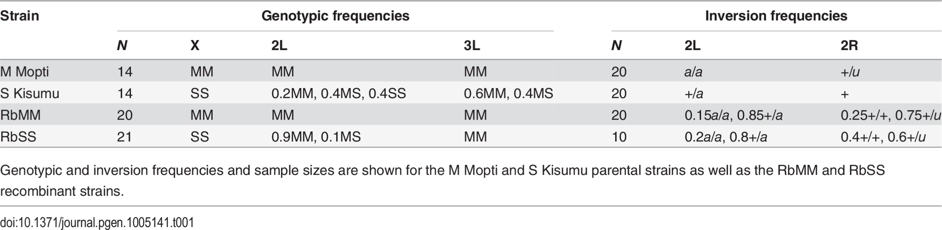 Recombinant and parental strains genotypes at the X, 2L and 3L divergence islands, and 2L and 2R inversion karyotypes.