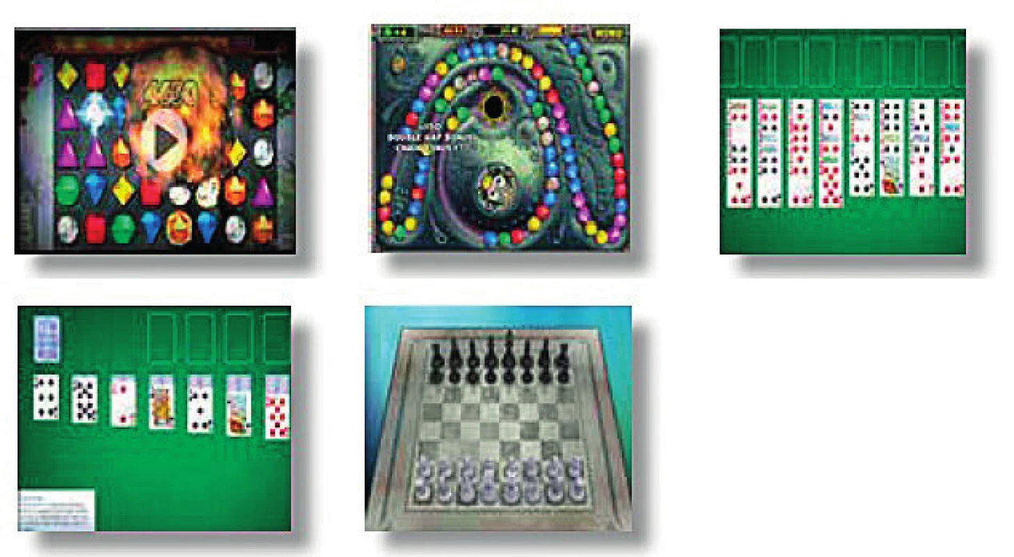 Ukázky NeuroGames (zleva Bejeweled, Zumba, FreeCell, Solitaire, Chess), upraveno z (Natus Medical Incorporated, 2015).