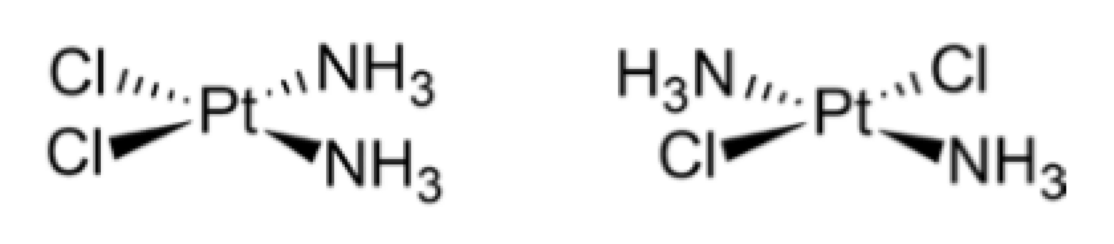 Štruktúra oboch stereoizomérov diammindichloridoplatnatého komplexu – cisplatiny (vľavo) a transplatiny (vpravo)