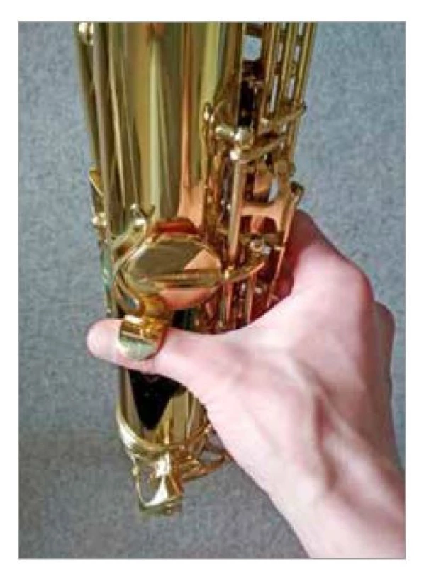 Detail pozice pravé ruky při
držení saxofonu.<br>
Fig. 3. Detail of the position of the right
hand while holding the saxophone.