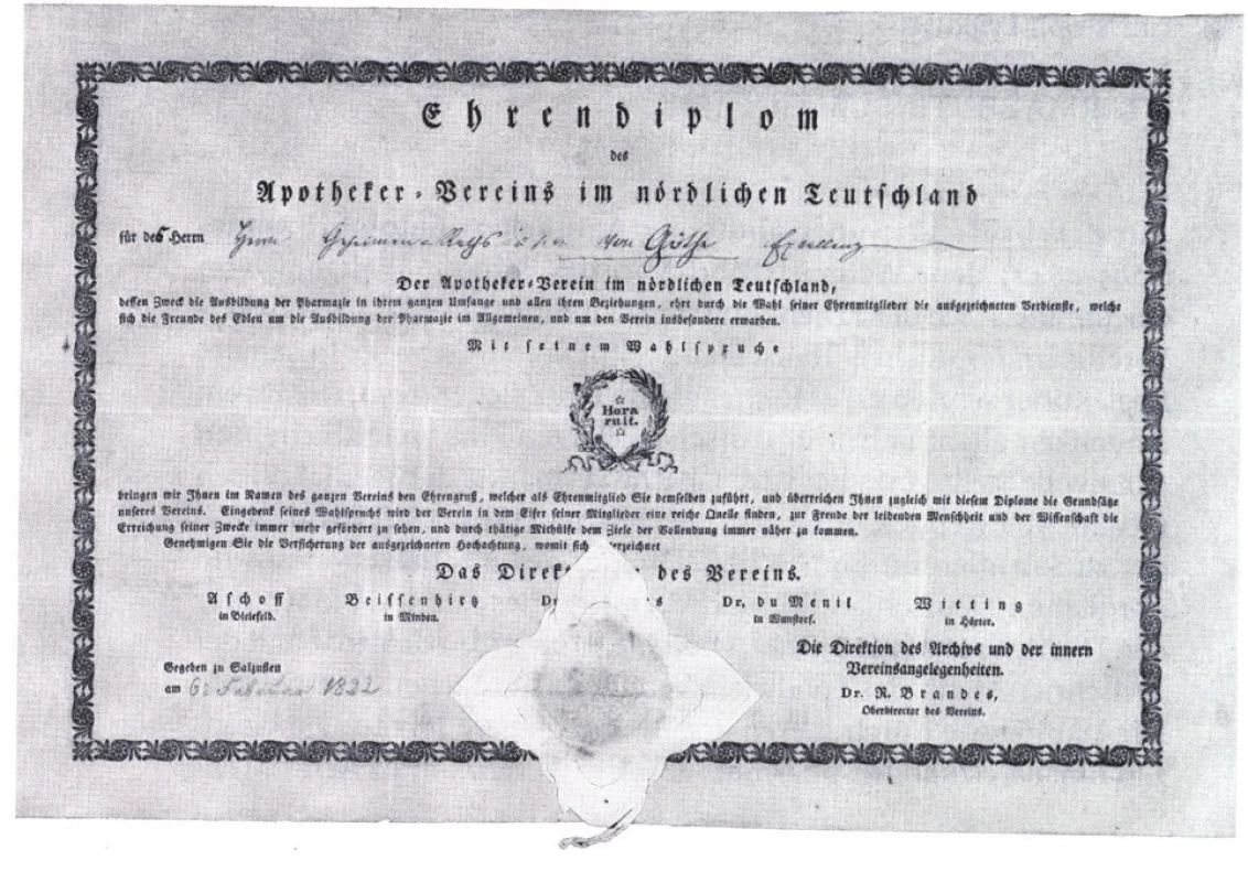 Diplom čestného členství Severoněmeckého lékárnického spolku pro Johanna Wolfganga von Goethe z roku 1822