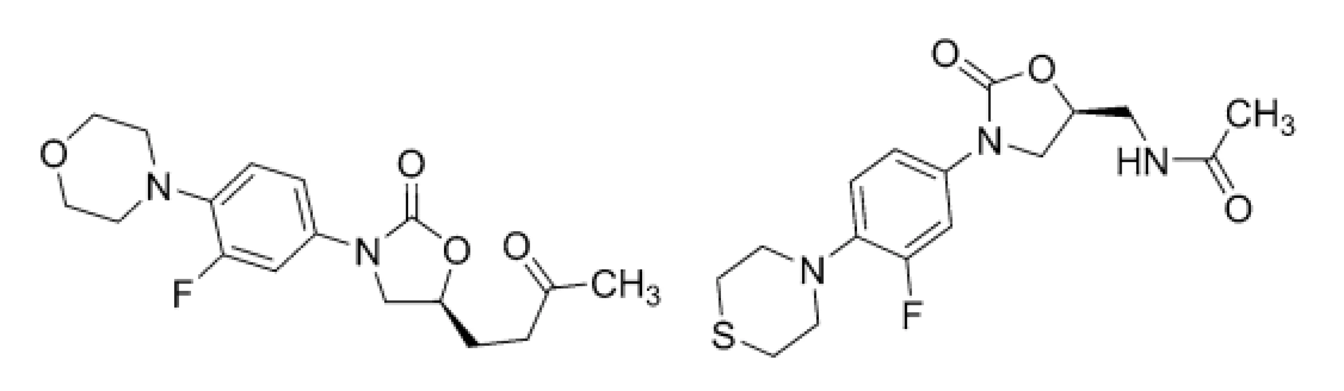 Chemical structures of linezolid (LNZ; 4) and sutezolid (STZ; 5)