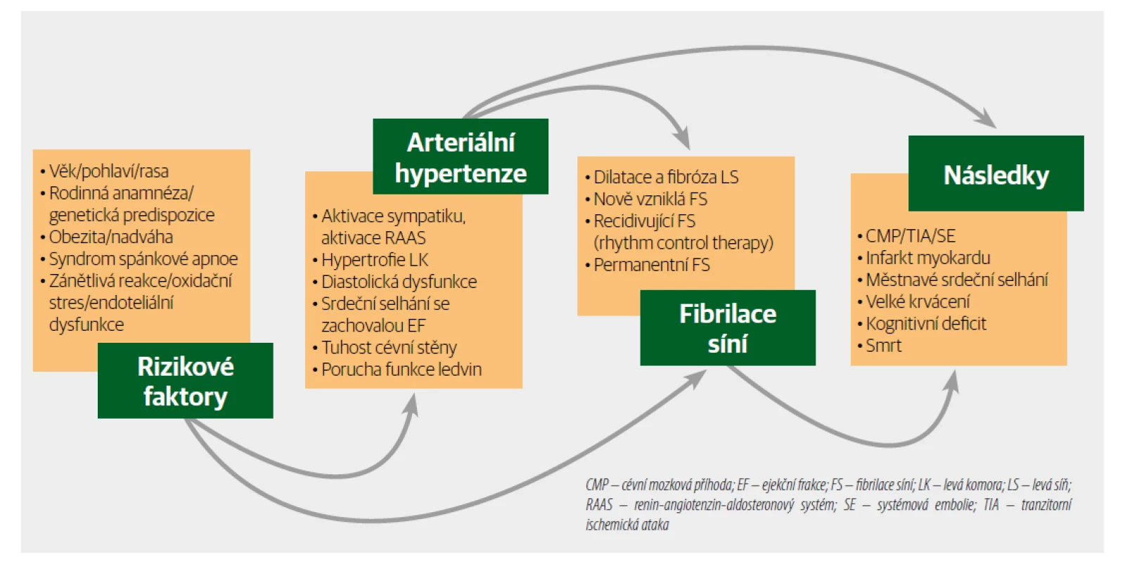 Úloha hypertenze a fibrilace síní v kardiovaskulárním kontinuu. [Upraveno podle: Dzeshka et al., 2017].