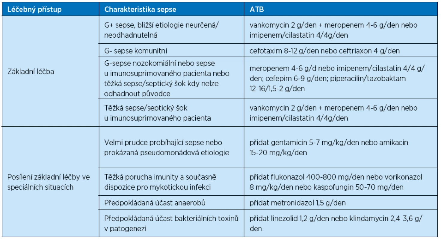 Iniciální ATB léčba těžké sepse / septického šoku (Beneš J. Antibiotická terapie sepse, 2015)