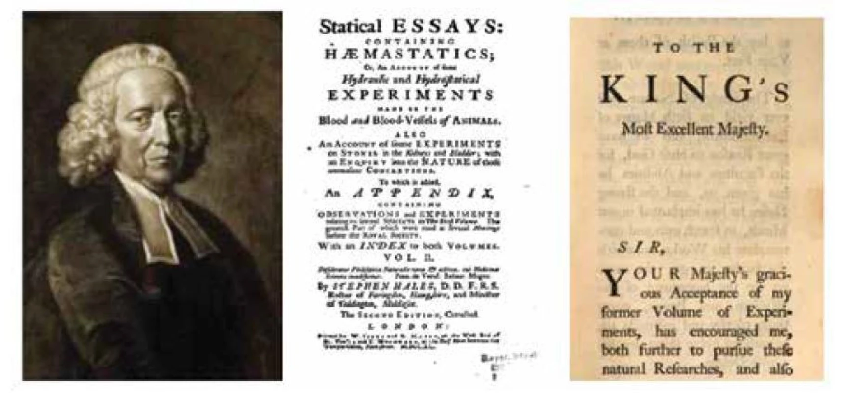 Stephen Hales (1677–1761), titulná strana diela Statical Essays: Haemastatics [1] a jedna
zo strán venovania diela kráľovi. Celé dielo je digitalizované a je sprístupnené na books/google/sk.