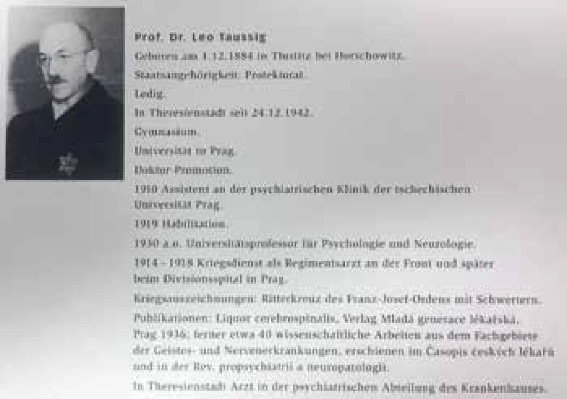Portrét a údaje o prof. Taussigovi z kartotéky Terezínského ghetta (portál databáze Holocaust).