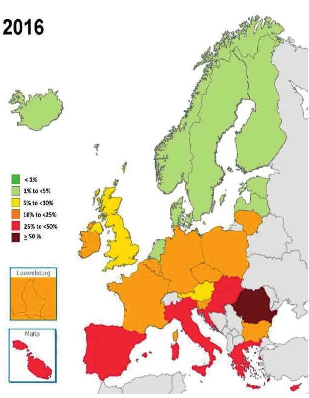  Staphylococcus aureus: procento invazivních izolátů s rezistencí na methicilin (MRSA), EU/EEA, 2016 (novější údaje nejsou k dispozici).