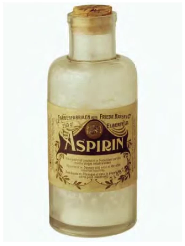 Acylpyrin v prášku, původní balení z r. 1899. Archiv firmy Bayer.
Zdroj: Wikimedia Commons (CC BY 4.0)