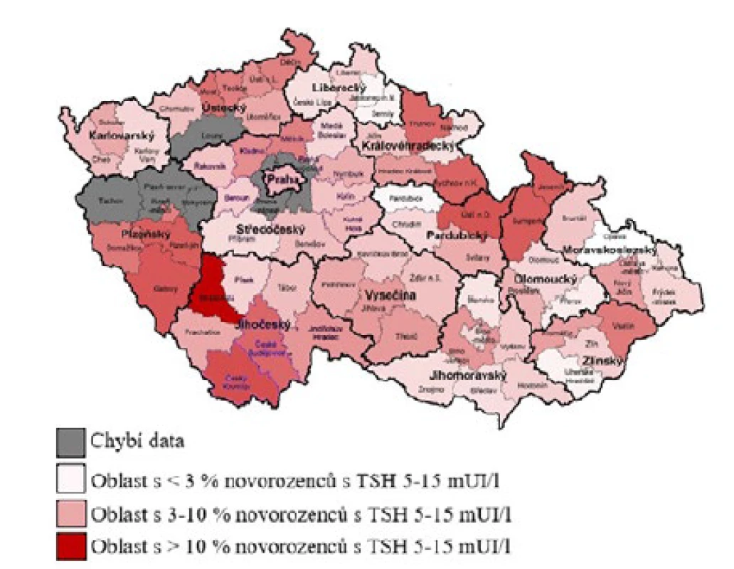 Procentuální zastoupení novorozenců s TSH 5–15 mIU/l
pro jednotlivé oblasti Čech a Moravy v roce 2020