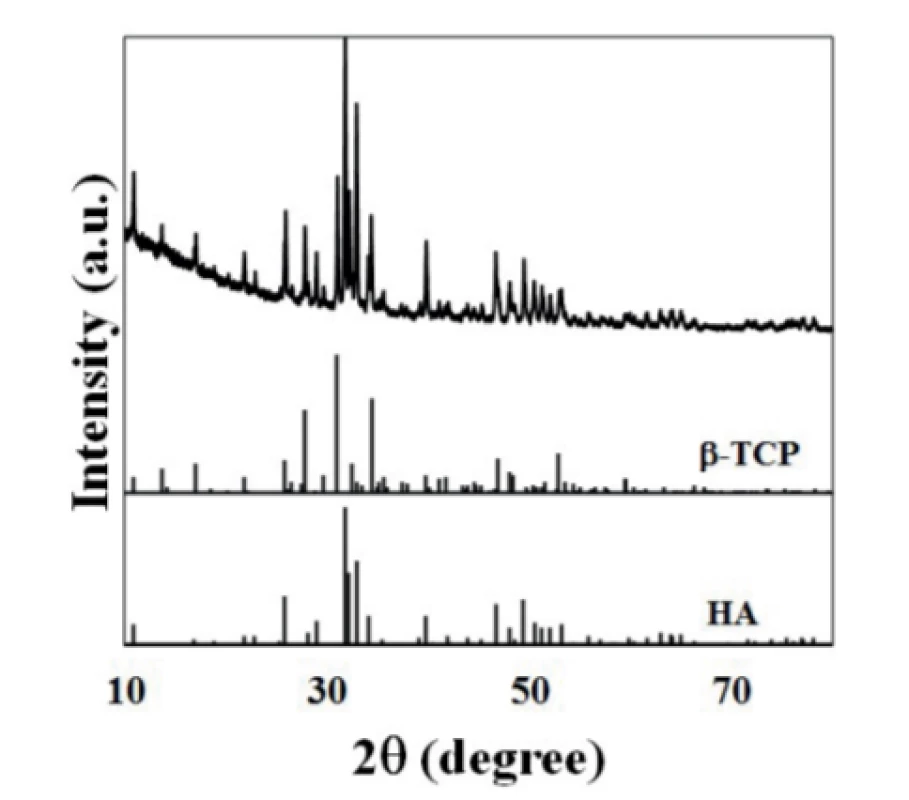 XRD pattern of the BCP powder calcined at
1000 °C. The standard ICDD PDF 04-006-9376 and
04-015-7245 of pure E-TCP and HA, respectively, are
also present for comparison purposes.