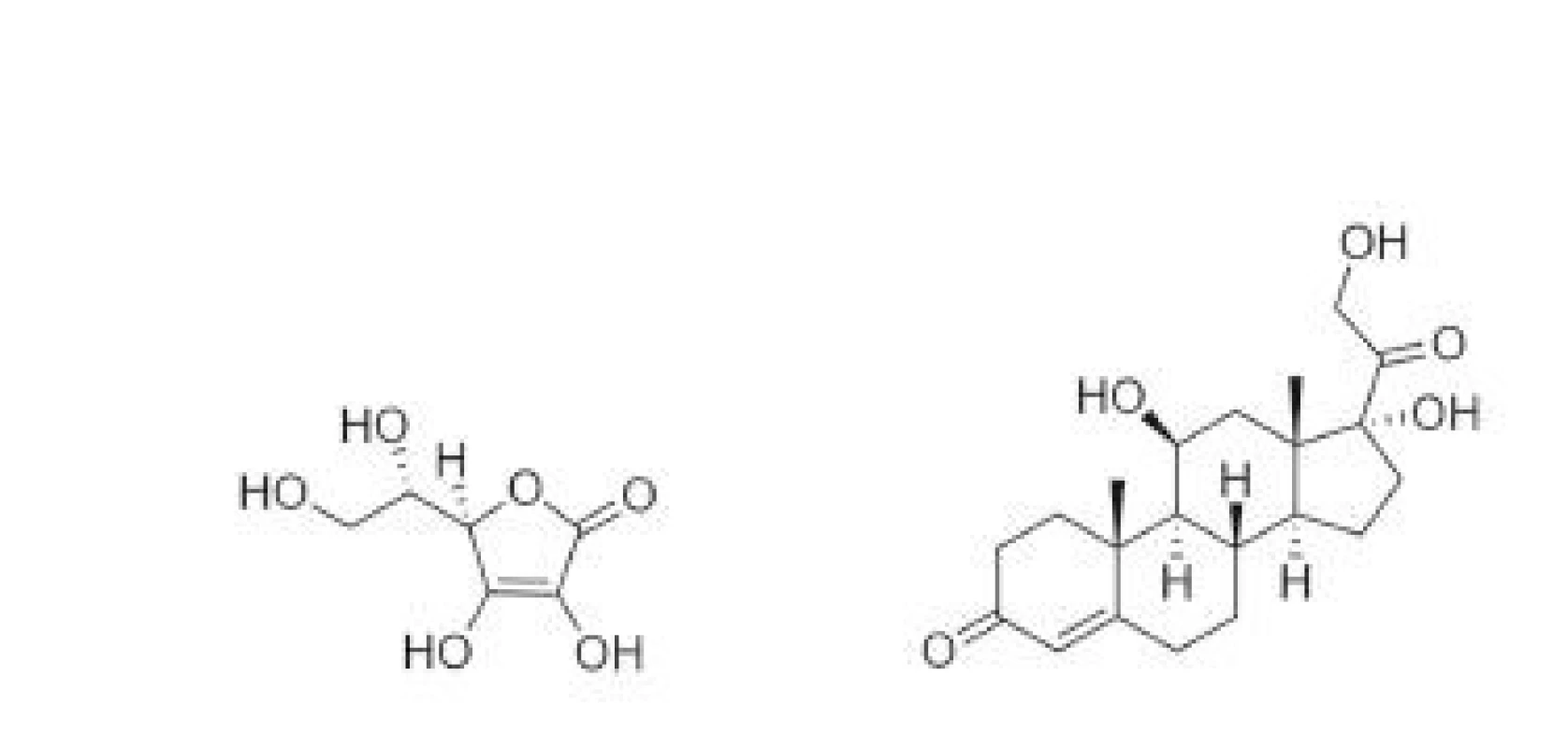Struktura vitaminu C a kortizolu. Vlevo strukturní
chemický vzorec vitaminu C (kyseliny L-askorbové), vpravo
kortizolu.