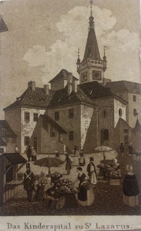 Špitál sv. Lazara na obrázku V. Jansy na Karlově Náměstí v Praze. Na místě špitálu dnes stojí budova soudu.