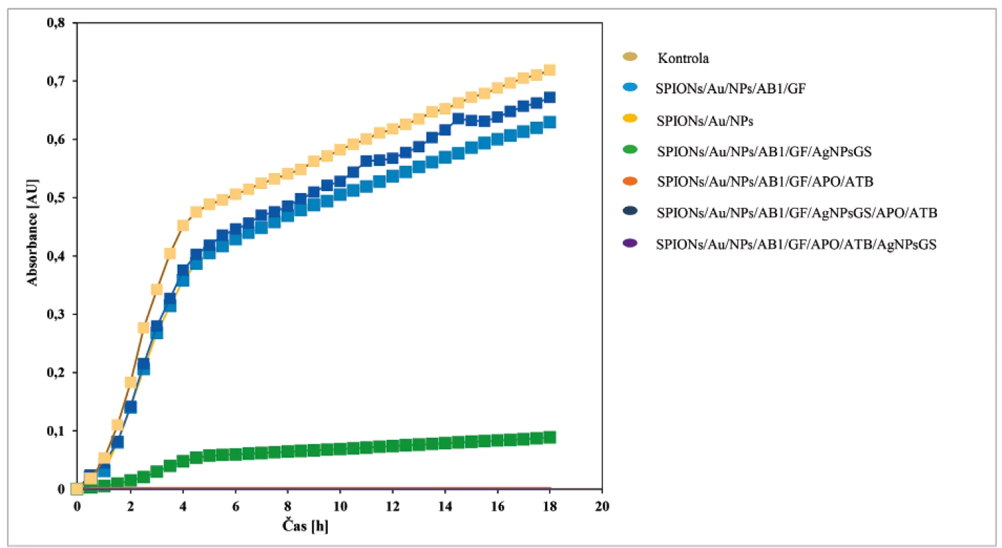 Růstové křivky S. aureus po aplikaci různých částí konstruktu<br>
Objem S. aureus 50 μl, celkový objem 300 μl. Měřeno po dobu 18 hodin a hodnoty byly odečítány v intervalu 30 minut, při 37 °C. Získané typické
růstové křivky v přítomnosti testovaných nanokonstruktů. Část C (SPIONs/Au/NPs – bez modifikací a SPIONs/Au/NPs/AB1/GF – modifikovaná)
nevykazovala žádné antibakteriální efekty, které nebyly z podstaty této části ani očekávány. V přítomnosti antibakteriálně aktivních látek
nanokonstruktu a celého nanokonstruktu však byla zaznamenána dramatická inhibice (přes 90 %) na bakteriální kulturu S. aureus.