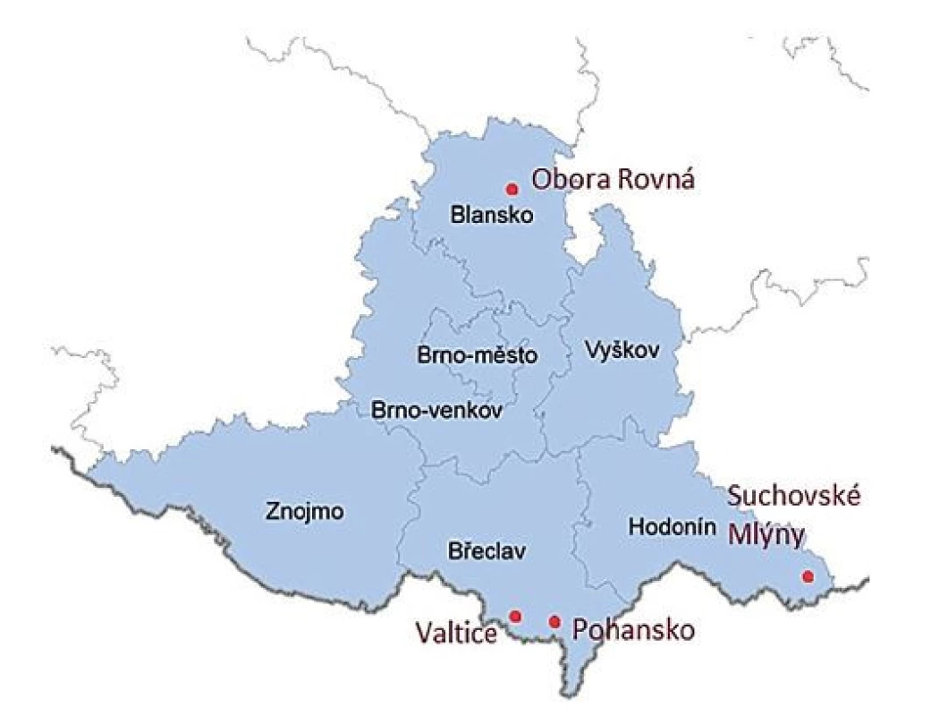 Lokality sběru klíšťat v Jihomoravském kraji<br>
Figure 1. Tick collection sites in the South Moravian Region
(adapted from risy.cz)