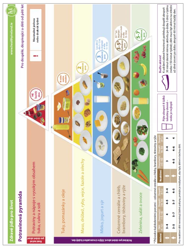 Zjednodušená verze potravinové pyramidy. [Upraveno podle Healthy eating guidelines and food pyramid.3]