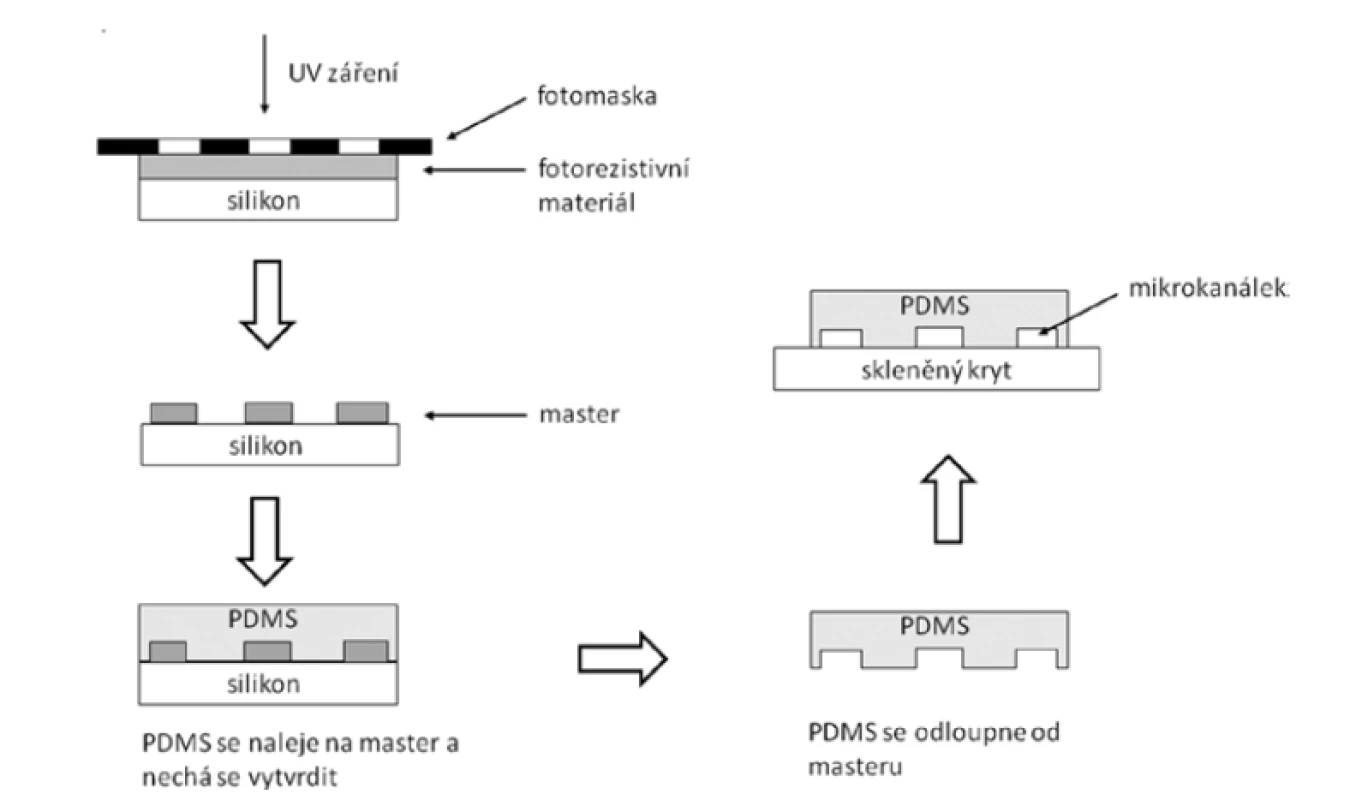 Zjednodušené schéma přípravy PDMS čipu kontaktní fotolitografií (upraveno dle2))