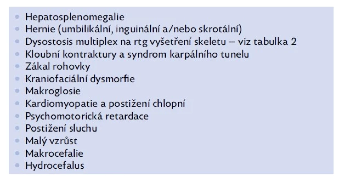 Souhrn příznaků typických pro pacienty s mukopolysacharidózou
I. typu (MPS I)