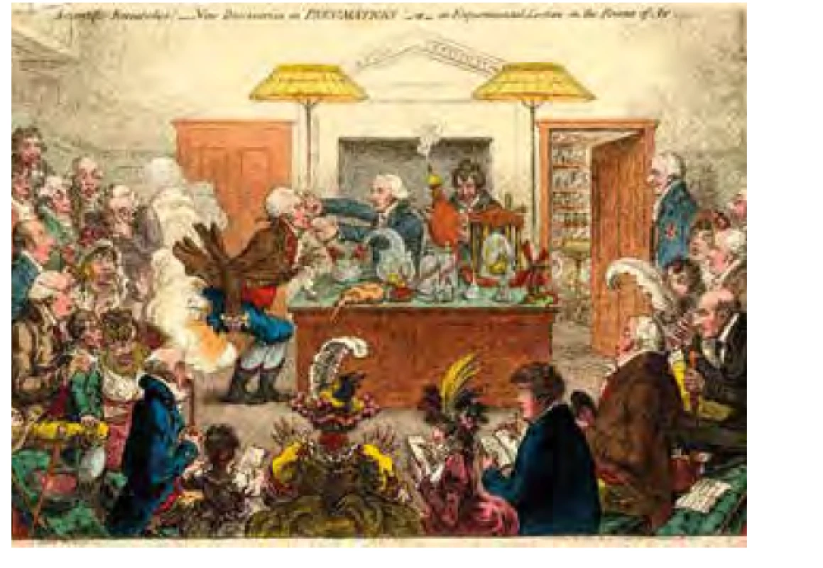 Karikatura Jamese Gillraye z r. 1802 na demonstrace účinků oxidu
dusného nazvaná „Vědecký výzkum! Nové objevy v Pneumatickém institutu!“
Humphry Davy je u stolku vpravo a drží měch s plynem. Zdroj: Wikimedia
Commons (CC BY 4.0)