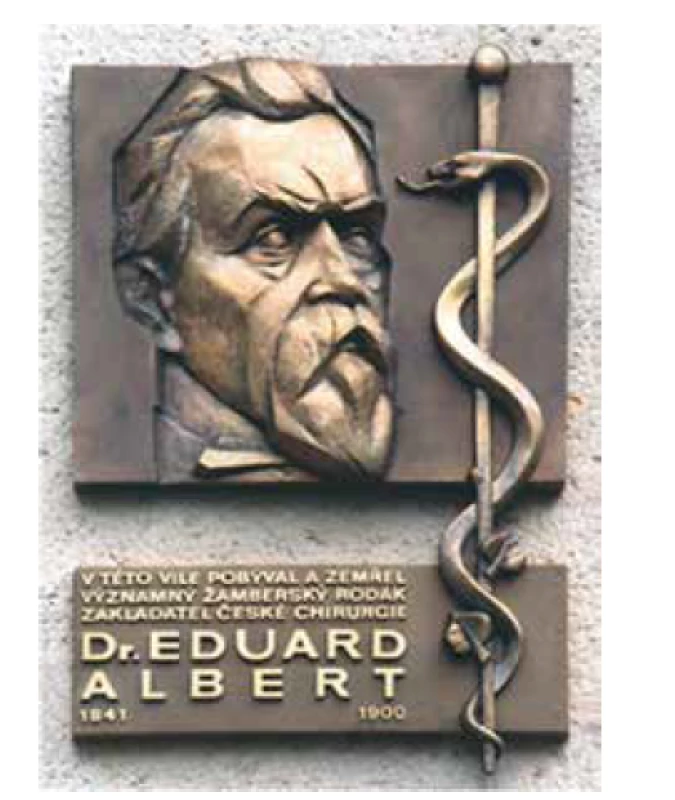 Pamětní deska prof. E. Alberta umístěná na Albertově
vile, dílo akademického sochaře Zdeňka Kolářského z roku
1995 (foto H. Sklenková)