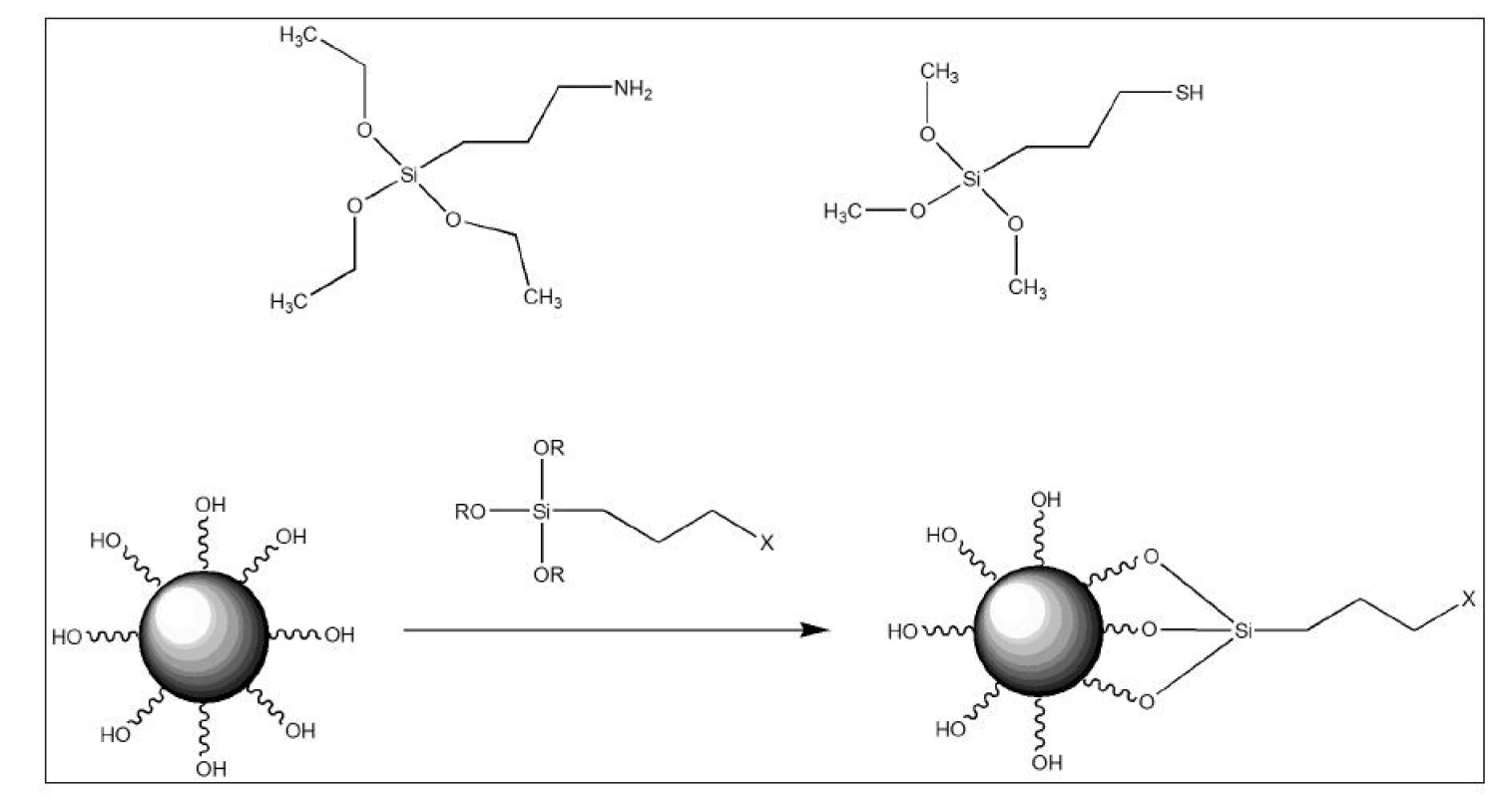 (3-aminopropyl)triethoxysilan (vlevo) a (3-sulfanylpropyl)trimethoxysilan (vpravo). Reakce trialkoxysilanů s hydroxylovými skupinami na povrchu nanočástic (dole) (zdroj: autor).