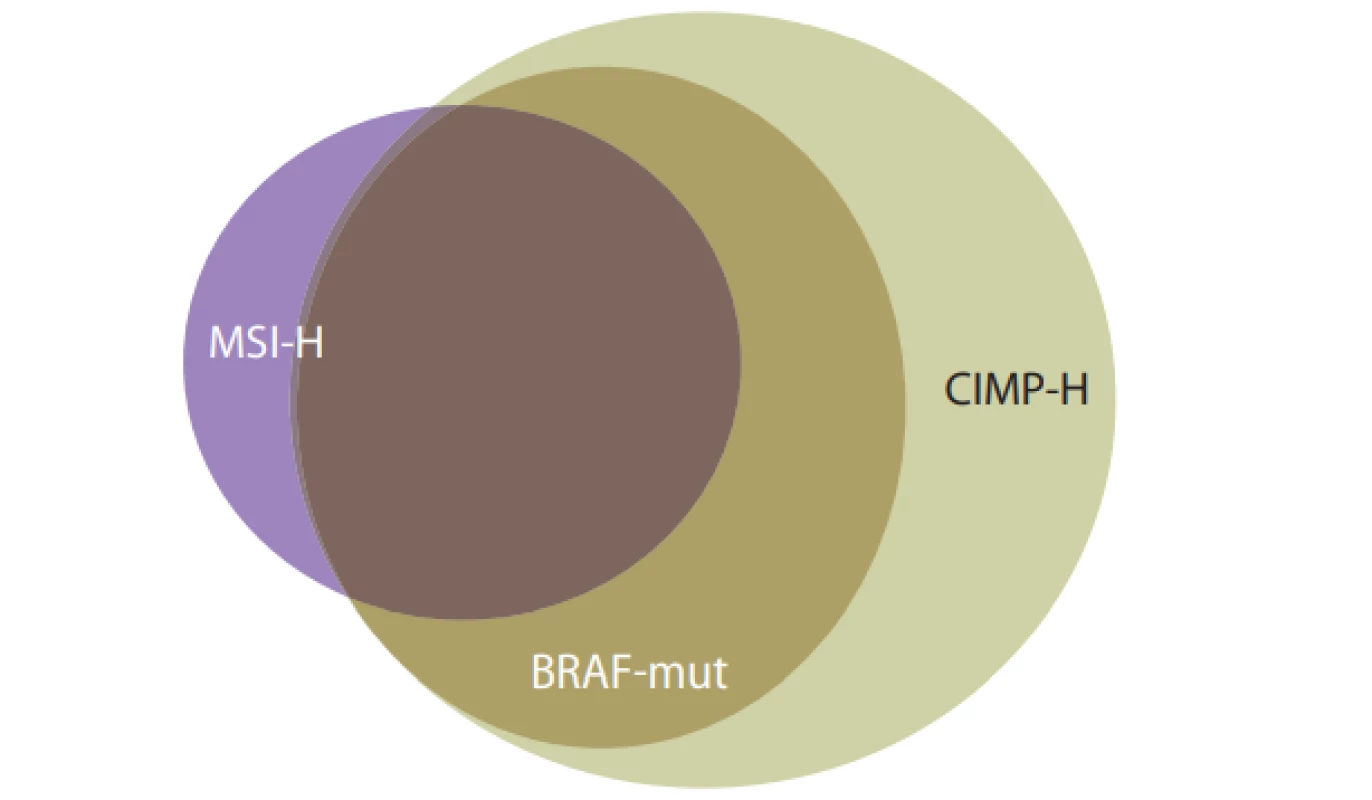  Vztah mezi mikrosatelitní nestabilitou a mutací BRAF [14].