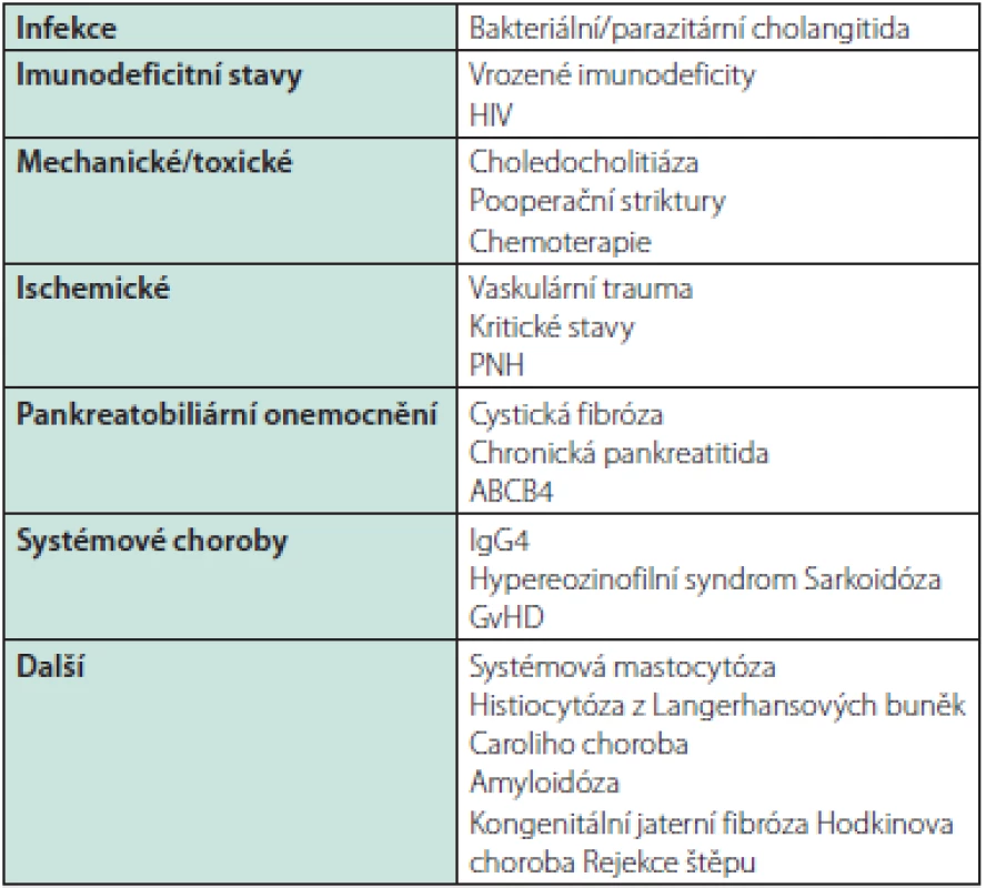 Příčiny sekundární sklerozující cholangitidy a stavy, které mohou MRCP/ERCP nálezem PSC napodobovat (45)