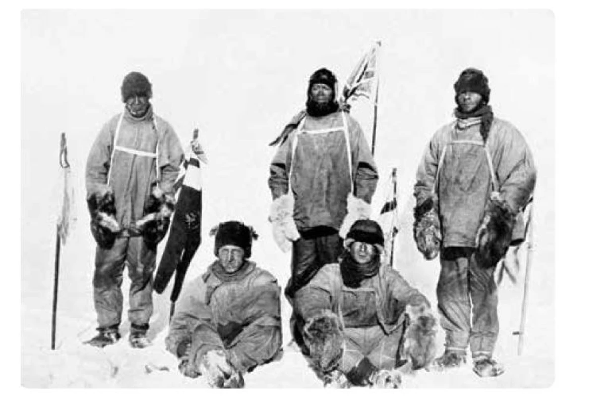 Členové točnového oddílu kapitána Scotta, kteří dosáhli dne 17. 1. 1912 jižního
pólu (zleva: L. Oates, H. R. Bowers, R. F. Scott, E. Wilson a E. Evans)