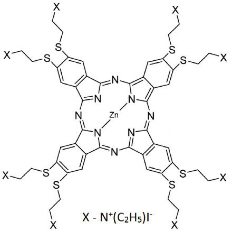 The chemical structure of the zinc phthalocyanine
(ZnPc) used in the study. The chemical formula
of ZnPc: 2,3,9,10,16,17,23,24-Octakis[(2-(triethylammonio)
ethyl)sulfanyl]phthalocyaninato]zinc(II) Octaiodide
[8].