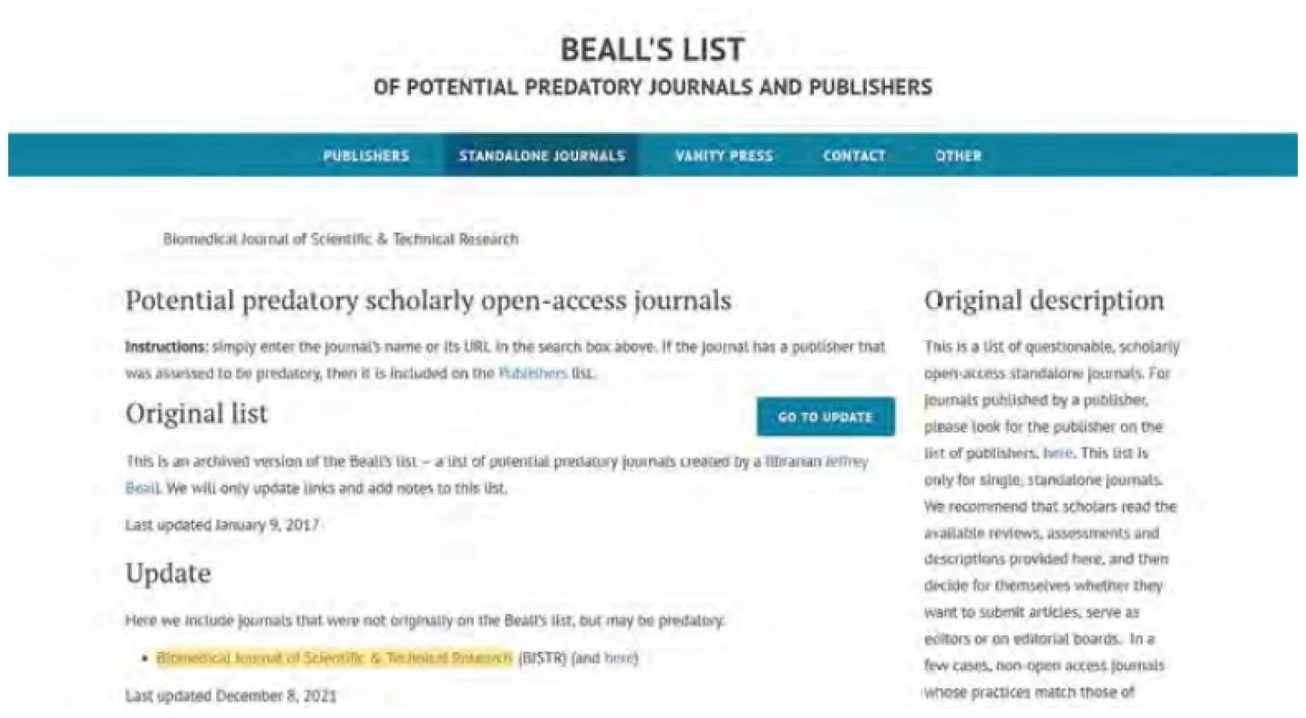 Vyhledání časopisu Biomedical Journal of Scientific & Technical Research v Beallovu seznamu potencionálně predátorských časopisů