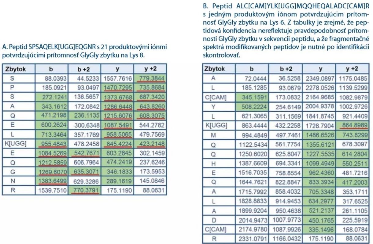 Zoznamy produktových iónov reprezentujúcich dva vybrané peptidy z proteínu CHIP nesúce GlyGly zbytok. Na základe
identifi kácie prehľadávacím algoritmom ProteinPilot 4.5.0.0. bola obom peptidom pridelená vysoká peptidová konfi dencia (pep.
konfi dencia > 99 %). Zelenou farbou sú vyznačené produktové ióny spoľahlivo identifi kované v fragmentačnom spektre tandemovej
hmotnostnej spektrometrie. Červenou farbou sú podčiarknuté iba produktové ióny, ktoré potvrdzujú GlyGly zbytok v peptide
a zahrňujú charakteristický posun m/z o 114 Da (zbytok GlyGly).