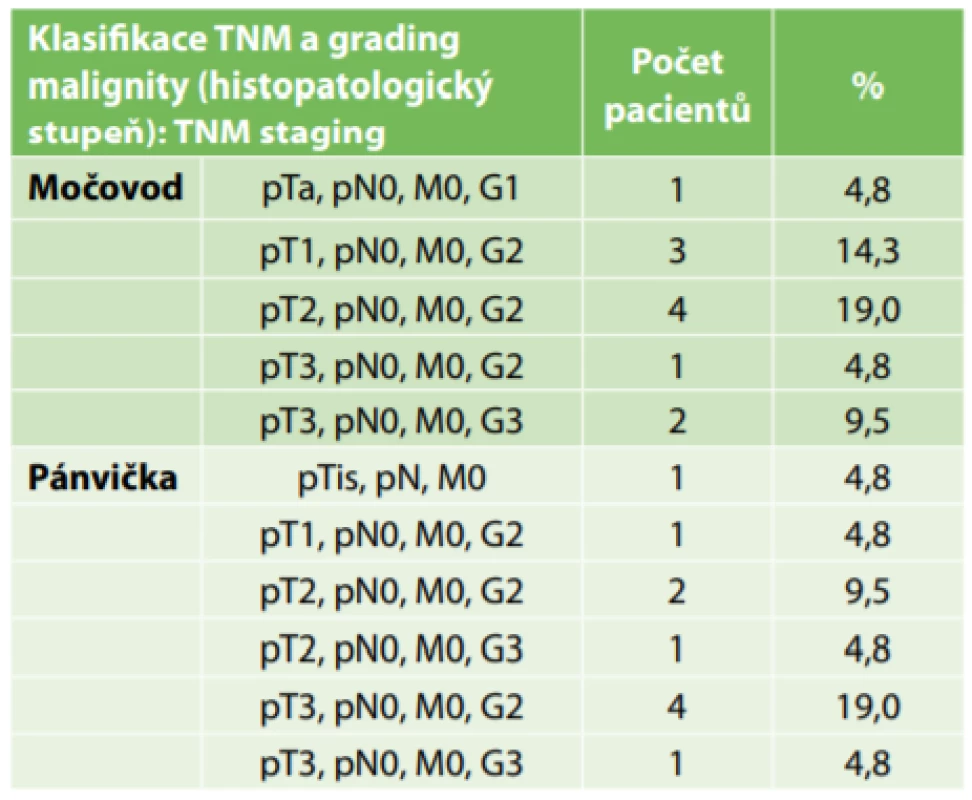 Klasifikace TNM (soubor 21 pacientů Oblastní nemocnice Náchod, 2014−2018) <br>
Tab. 2: TNM classification (21 patients in Regional Hospital Nachod, 2014−2018).