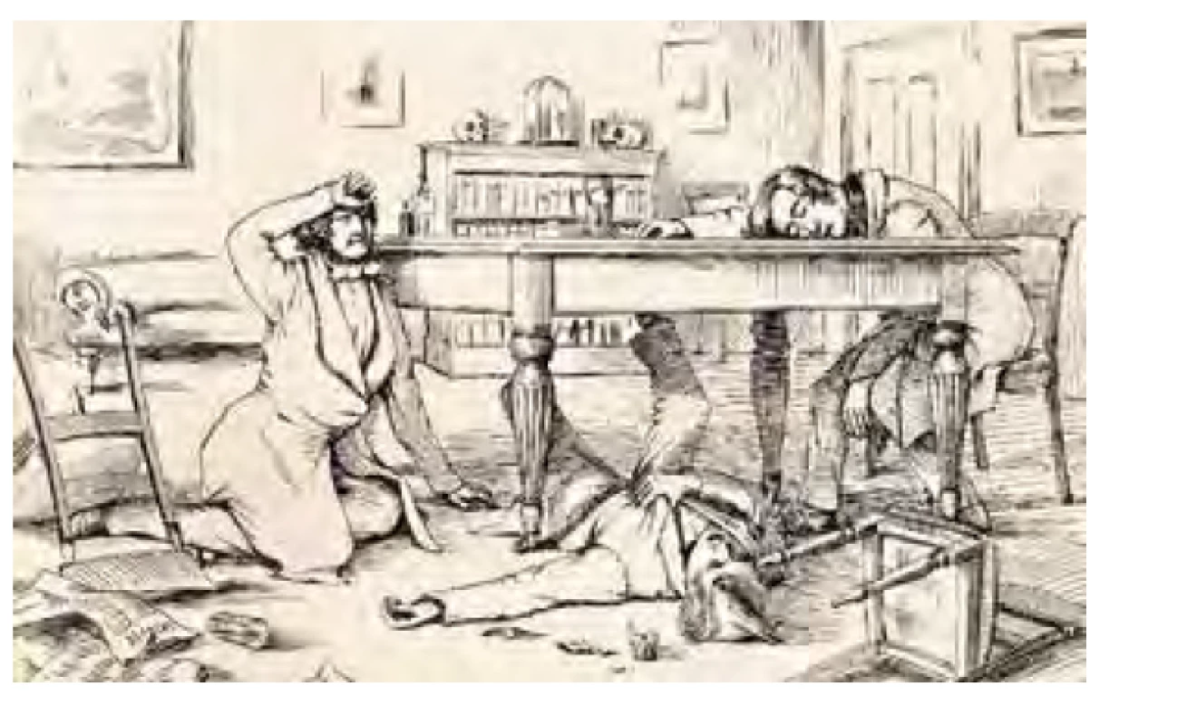 „Účinek tekutého chloroformu na Sira J. Y. Simpsona a jeho přátele.
Rozbitá sklenička použitá během experimentu leží na podlaze.“ Zdroj:
Wikimedia Commons (CC BY 4.0)