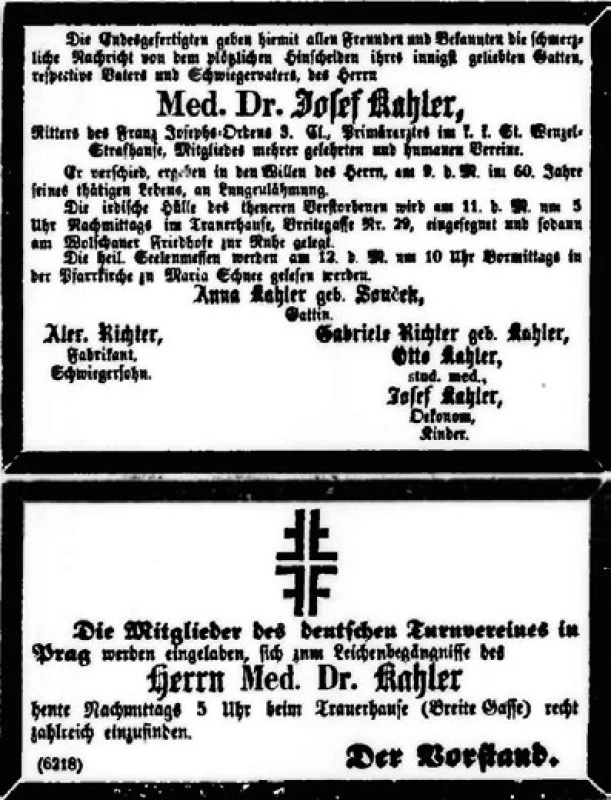 Oznámení úmrtí Josefa Kahlera v deníku
Bohemia (1870)
