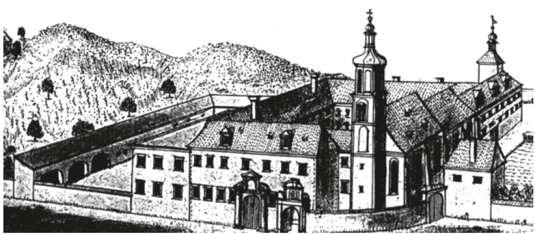 Areál kláštera servitů Na trávníčku po barokních úpravách v polovině 18. století (perokresba Friedricha Bernharda Wernera)