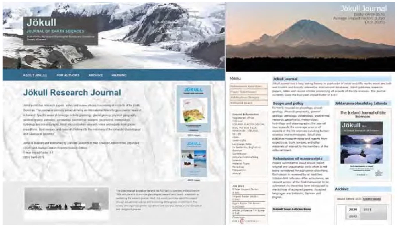 Příklad webových stránek uneseného (hijacked) časopisu Jökull – vlevo původní stránky, vpravo predátor/únosce Jökull Journal