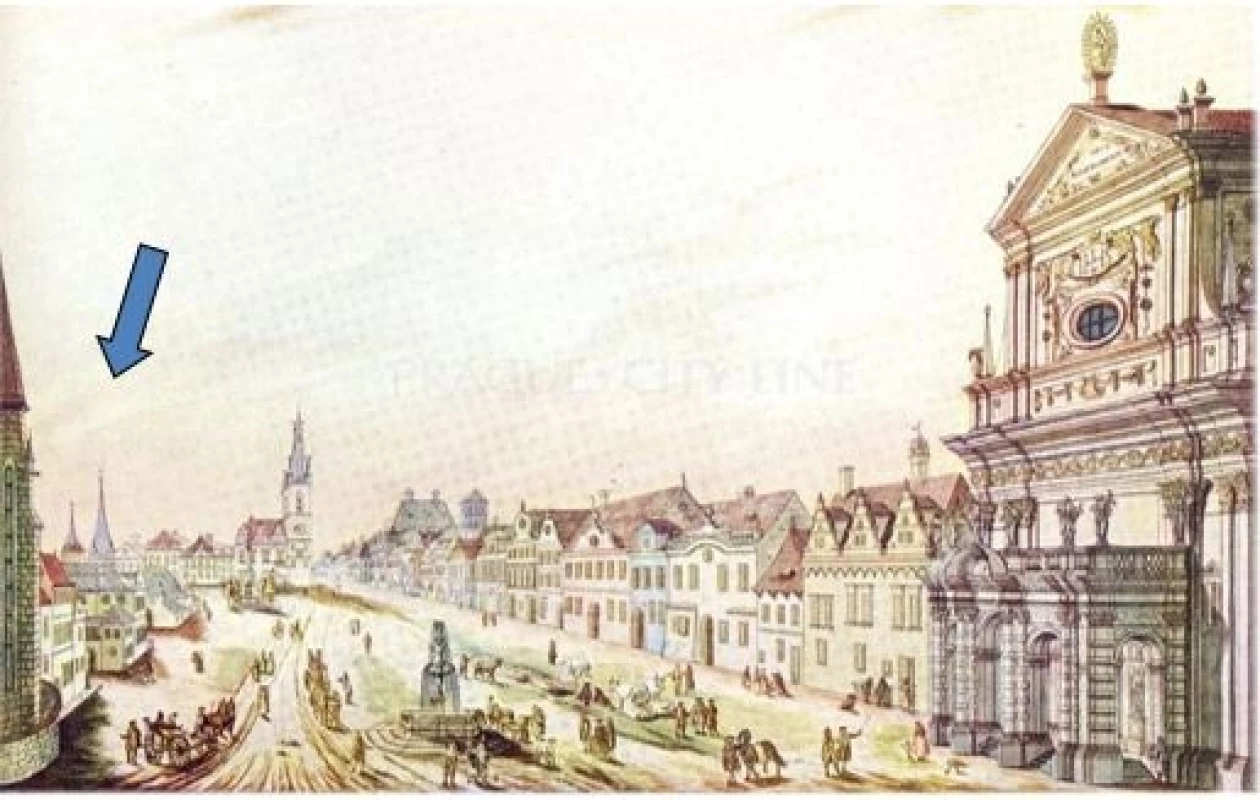 Kresba části Karlova náměstí z 19. století, šipka ukazuje věže špitálu sv. Lazara vlevo od Novoměstské radnice. Na místě špitálu dnes stojí budova soudu.