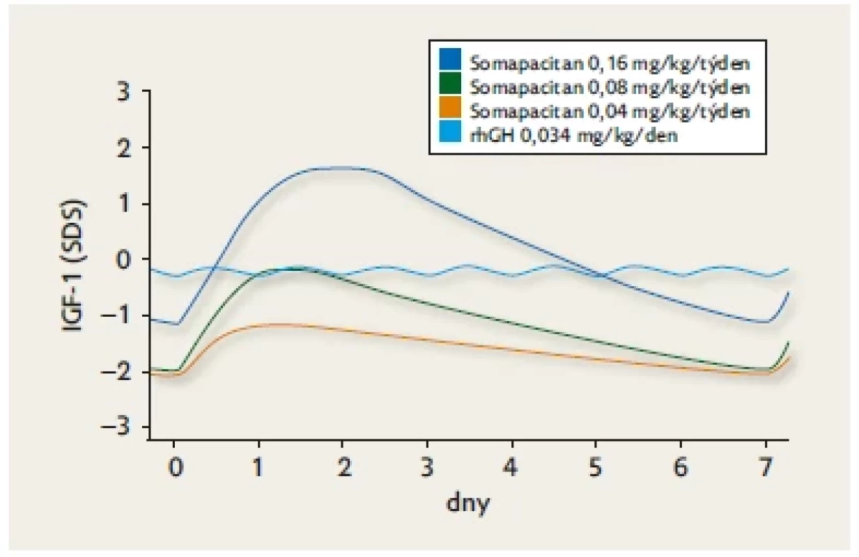 Kolísání hladin IGF-1 (SDS) v průběhu jednoho týdne po
třech různých dávkách somapacitanu a po každodenní injekci
rhGH. Model vytvořený podle skutečných měření u pacientů ve studiích.
Upraveno dle(20)