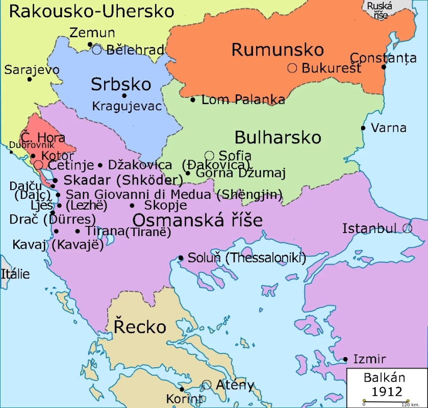 Mapa působení Antonína Přecechtěla na Balkáně v roce 1912