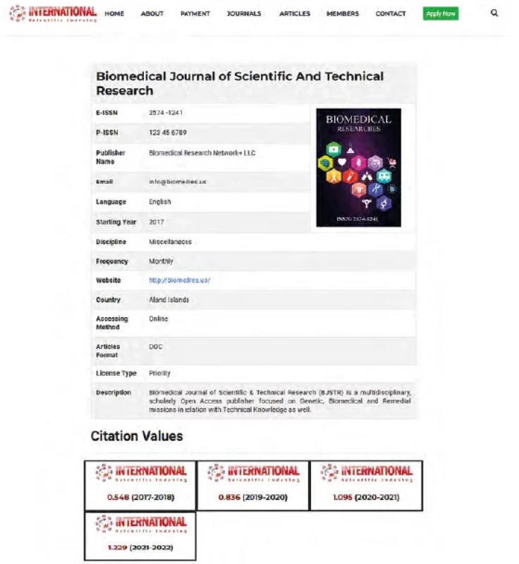 Ukázka záznamu časopisu Biomedical Journal of Scientific & Technical Research v International Science Indexing