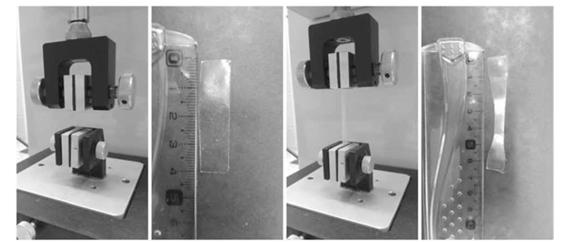 Měření pevnosti v tahu – stav proužku filmu před zahájením testu (vlevo) a po ukončení testu (vpravo)